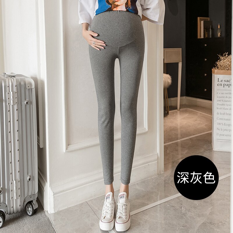 1708#  gravide bukser forår efterår stretch bomuld elastisk talje mave støtte bukser gravid leggings graviditets bukser: Mørkegrå / M