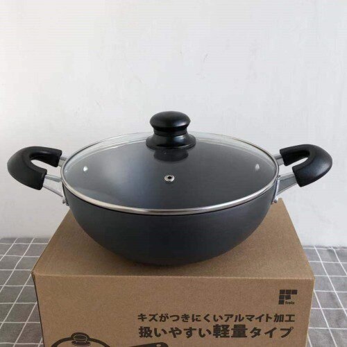 Japansk mønster dobbelt øre suppe pot hård oxid pan belægning pan pot kommerciel anti-skold håndtag pot suppe shabu: 22cm med låg