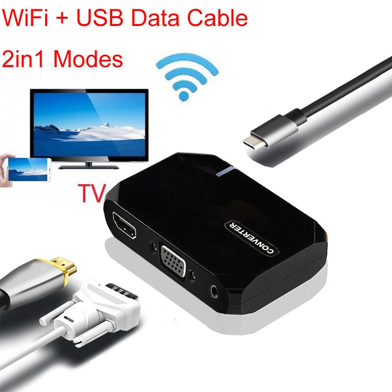 Wireless Wifi + USB Data Cable 2in1 HDMI VGA Allshare Cast Airplay Video Adapter for Huawei Xiaomi iOS Android Phone Link to TV