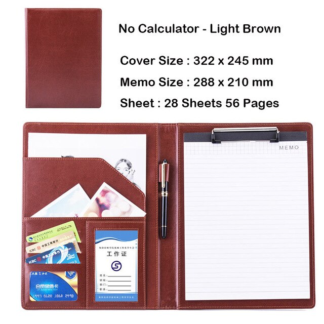 Business Office Folder Multifunctional Office Organizer with Calculator Clip A4 Leather Folder Folder Briefcase Office Supplies: A light brown