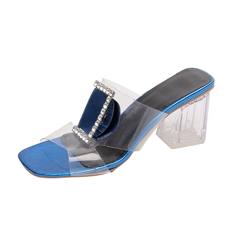 Sandalias de verano claras zapatos de mujer mulas hebilla de Metal deslizantes Peep Toe transparente cuadrado tacones altos zapatos femeninos Y10272: Azul / 39