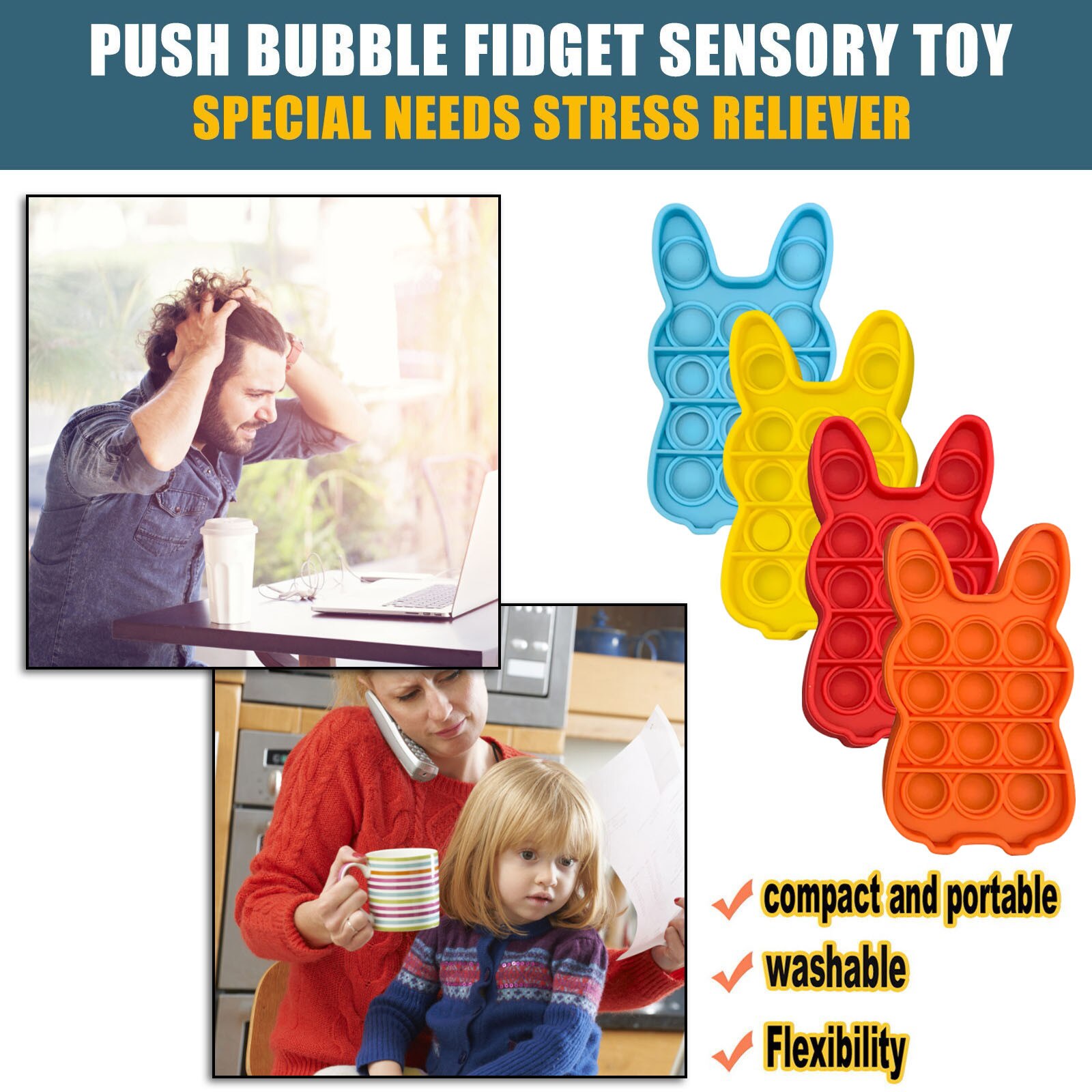 4Pc Push Bubble Fidget Zintuiglijke Speelgoed Autisme Speciale Behoefte Stress Reliever Helpen Stress Schattige Konijn Vorm Kleurrijke Relief speelgoed