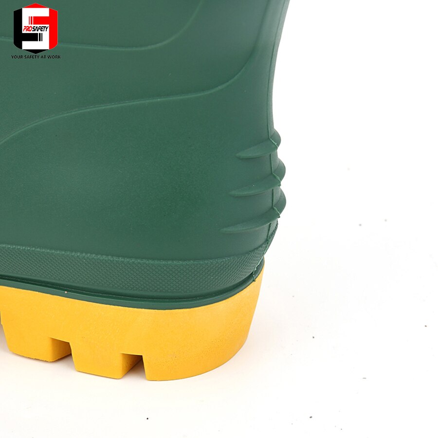 pvc rain boots for farming Green color yellow sole of shoe Industrial Safety Boots top low price waterpoof gum boots