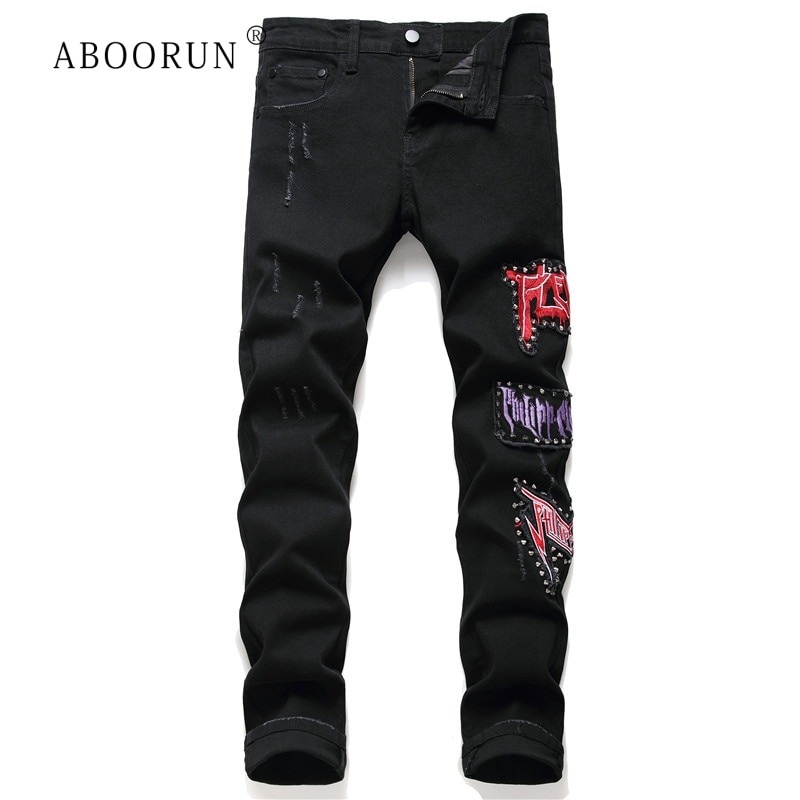 Aboorun miesten punk niitit farkut gootti kirjain brodeeraukset revityt farkut kaupunkibrändi pitkät farkut housut miehille
