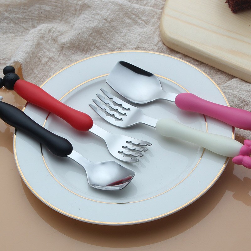 2Pcs Baby Spoon Fork Set Safety Stainless Steel Children Feeding Cutlery Utensil Cartoon Mouse Toddler Infant Dinnerware MBG0359