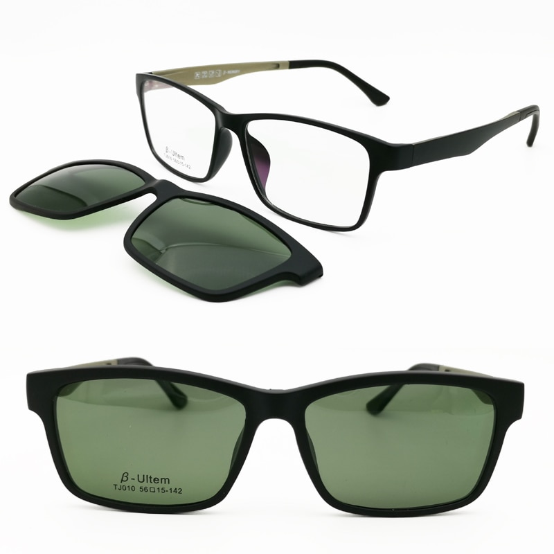 010 ULTEM rectangle optical myopia Hyperopia eyeglasses frame with megnatic clip on removable polarized sunglasses for men