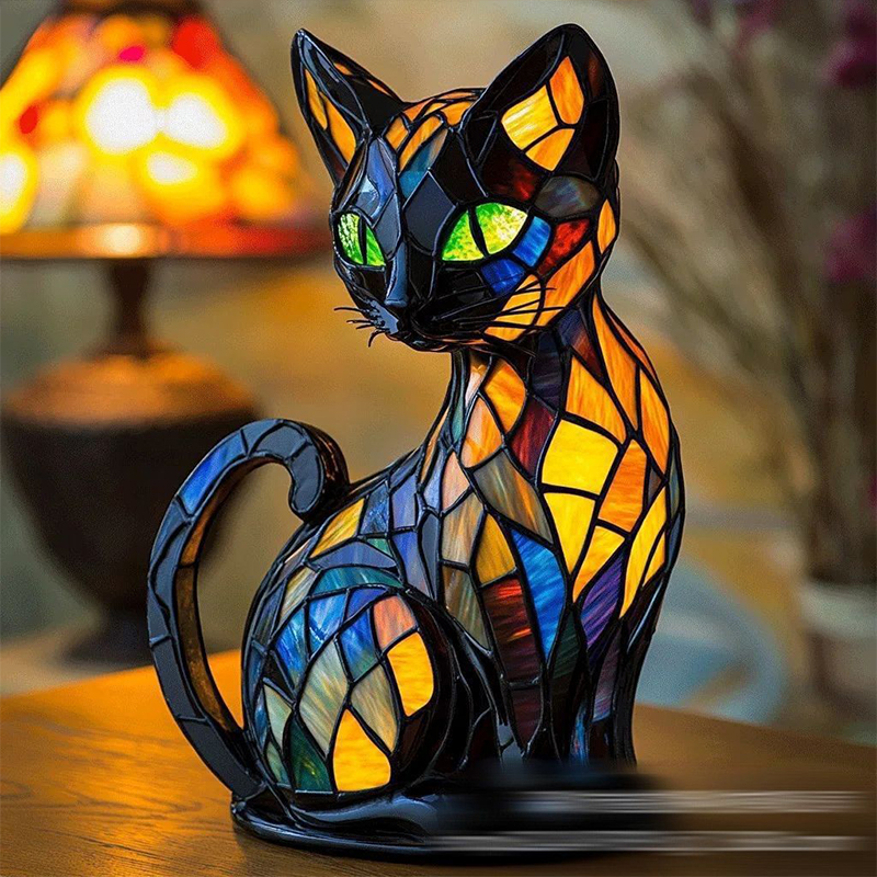 Kattelampe i farget glass, retro magisk katt i farget harpiksbordlampe - søt led-lampe med kjæledyrtema for hunde- og katteelskere: Gull