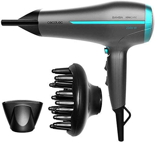 Cecotec Secador De Pelo DC Bamba Ionicare 5200 Aura Negro 2300w Difusor Universal para Secador Profesionales Rizador De Cabello Hair Dryer con Ion Real Gran Caudal de Aire 2 Velocidades Y 3 Temperaturas 1,8m de Cable
