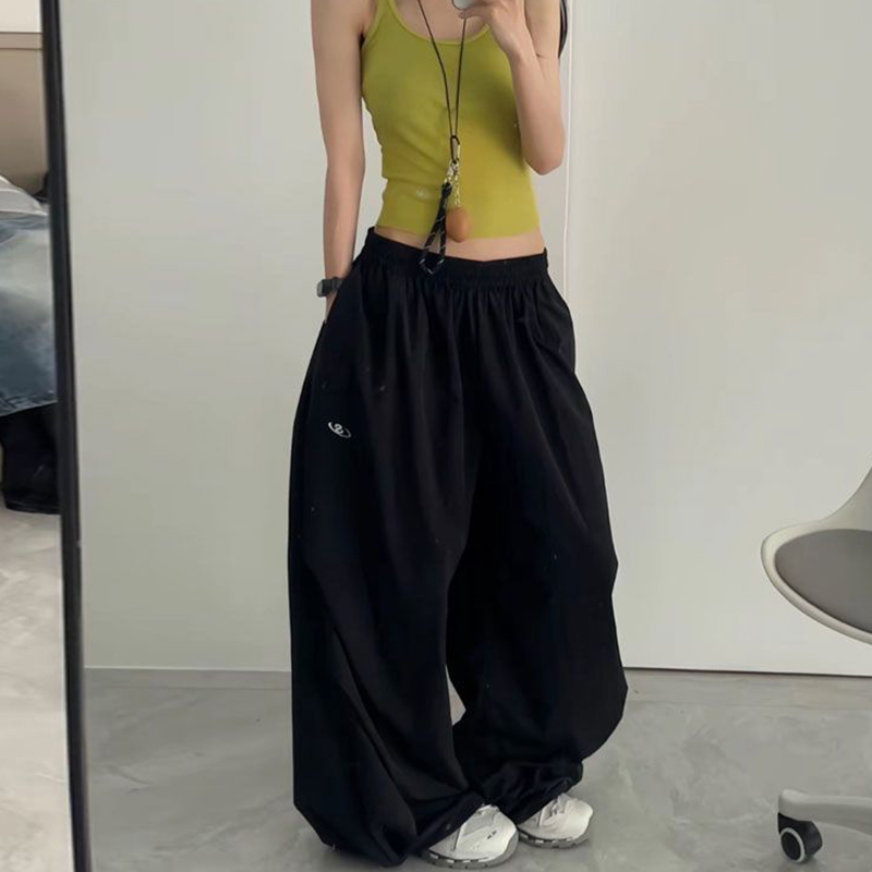 Stora svarta mjukisbyxor för kvinnor  y2k , baggy joggingbyxor, sommar, streetwear, vida ben, koreanska, casualbyxor: S / Svart