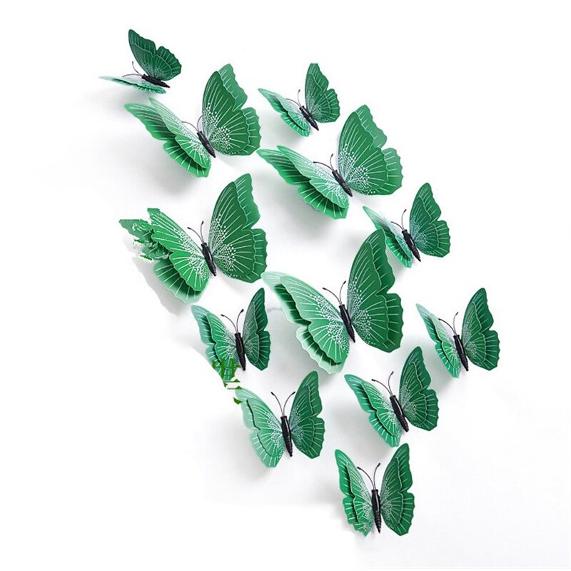 Autocollant mural papillon 3D Double couche, 12 pièces, pour la décoration de la maison, aimant pour réfrigérateur, colle gratuite: Green B