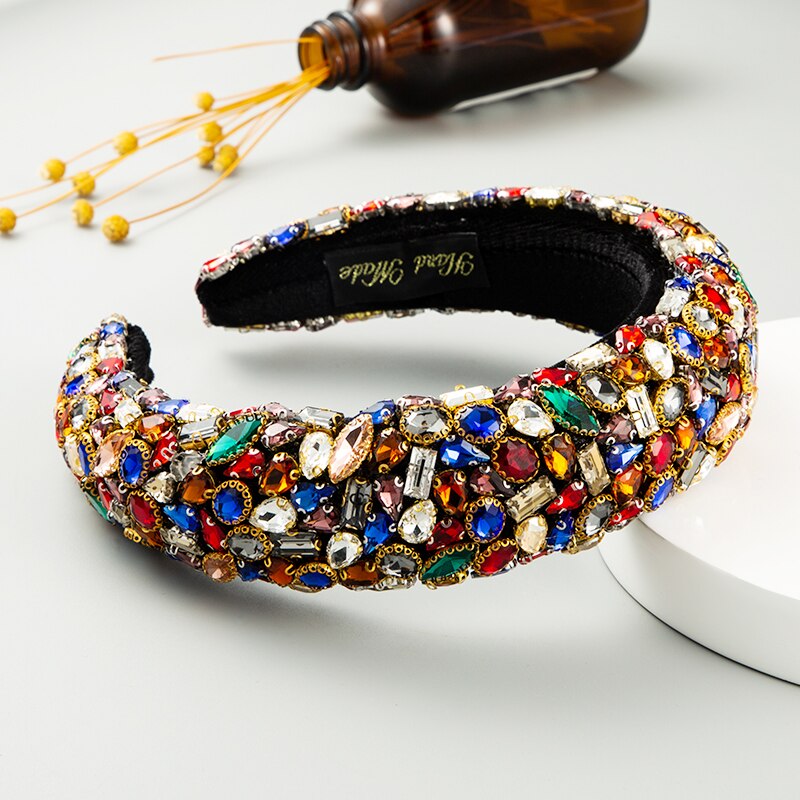 Prachtige Catwalk Kleurrijke Crystal Brede Hoofdband Voor Vrouw Overdreven Geometrische Rhonestone Spons Haarband Vrouw Party Hoofddeksel