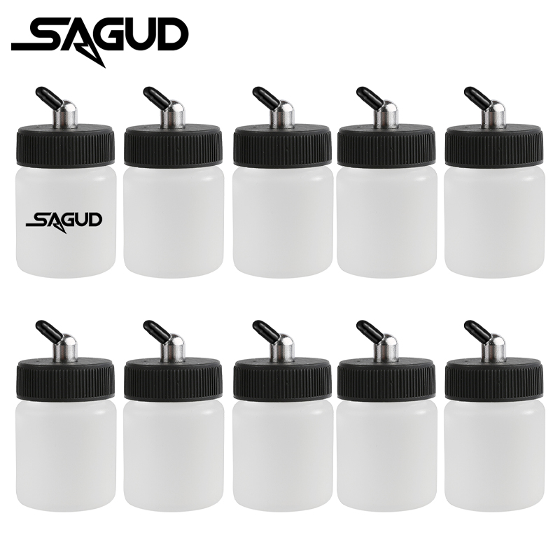 SAGUD Juego de botellas de aerógrafo con tarro de plástico de 10 piezas 30 ° /60 ° Adaptador de ángulo inferior con cubiertas de tapa de tarro para aerógrafos de acción simple/doble