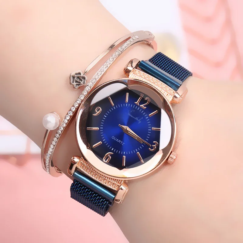 Luxe Mode Vrouwen Horloge Geometrische Romeinse Cijfer Quartz Dameshorloge Magneet Gesp Mesh Band Horloge Goud Reloj Mujer: Blauw
