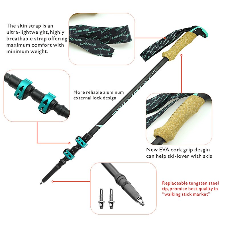 Hitorhike 195g/pc Carbon Fiber Lightweight Trekking Pole Adjustable Telescopic Hiking Walking Stick 3 Section For Camping Hiking