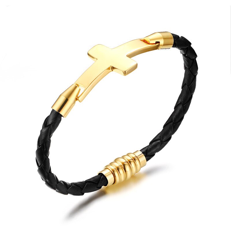 Modyle Neue Gold Farbe Edelstahl Kreuz Armbänder & Armreifen für Männer Leder Männer Hand Kette Armbinde: Default Title
