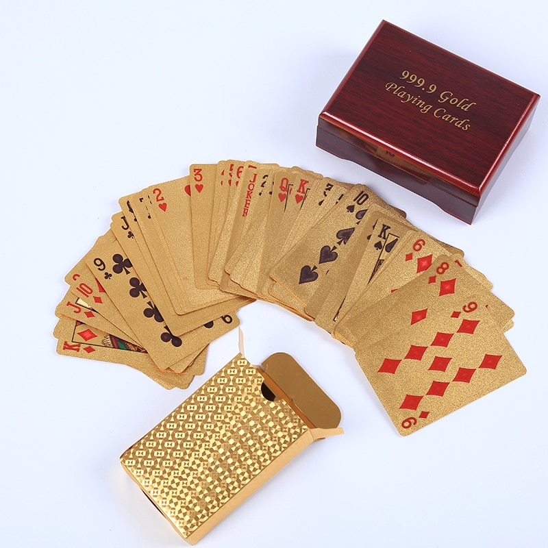 24K Gold Foil Plated Table Game Grid Pattern Playing Cards With Nice Wood Box