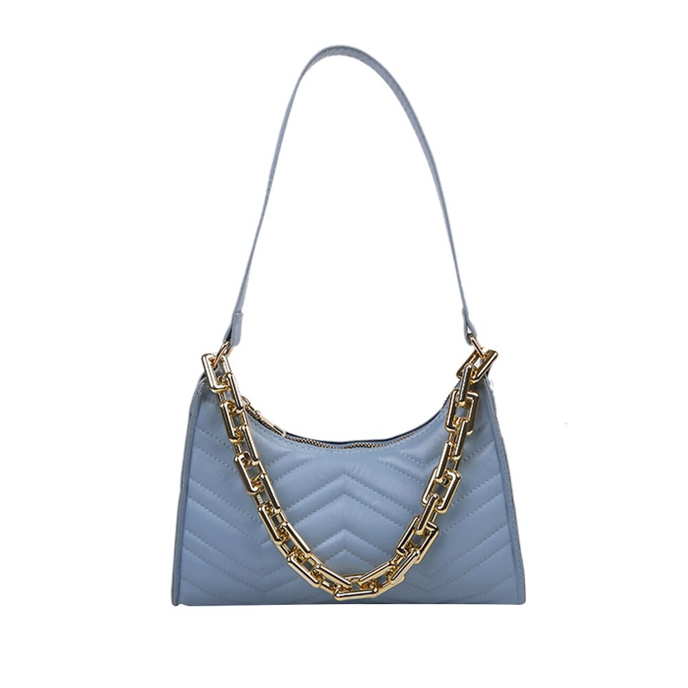 Vrouwen Pure Kleur Pu Onderarm Zak Mode Dames Dikke Ketting Kleine Hobos Handtassen Borduurgaren Schouder Pouch: Blauw