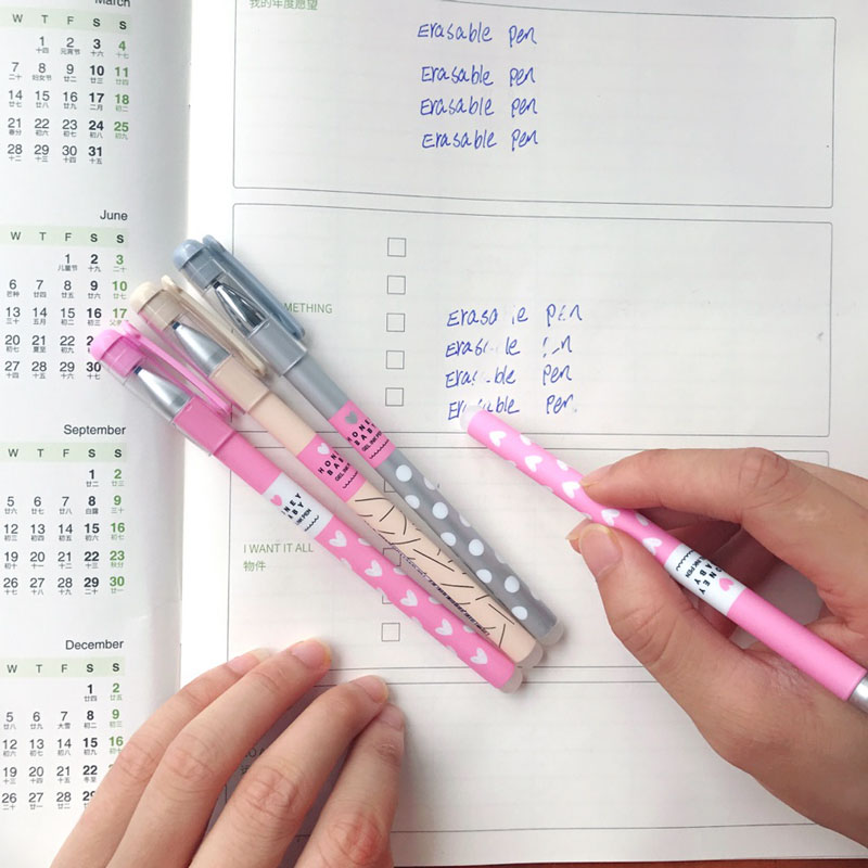 3 Pcs/ Set Heart Dots Erasable Pen Blue / Black Ink Ballpoint Pen 0.38mm For School Office Writing Supply Kids Stationery