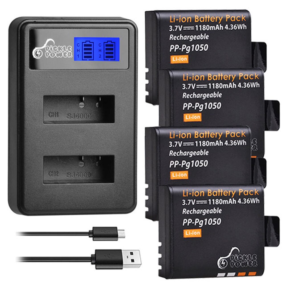 Batería y cargador PG1050 de 1180mAh para SJCAM, SJ4000, WiFi, SJ5000, WiFi Plus, M10, SJ5000 plus, SJ6000, SJ7000: 4 Battery 1 Charger