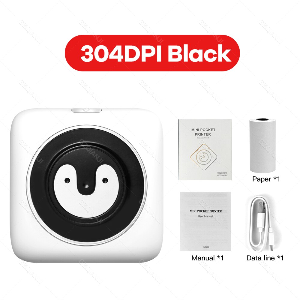 304 dpi mini bluetooth valokuvatulostin lämpö langaton puhelin tulostin mobiili kuva muistiinpanoja tarra tarratulostus 203 dpi tulostin: 304 dpi musta