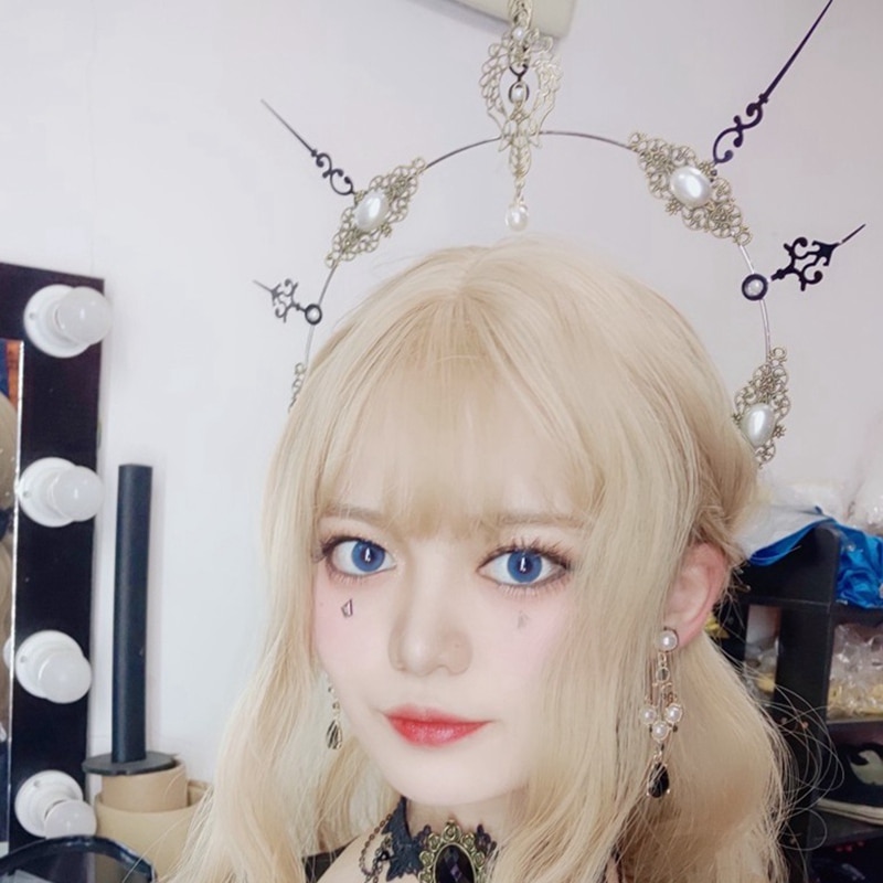 Lolita Gothic Stijl Haaraccessoires Virgin Mary Bead Chain Barokke Tiara Hoofdband Lolita Zon Godmother 'S Crown Star Hoofddeksels