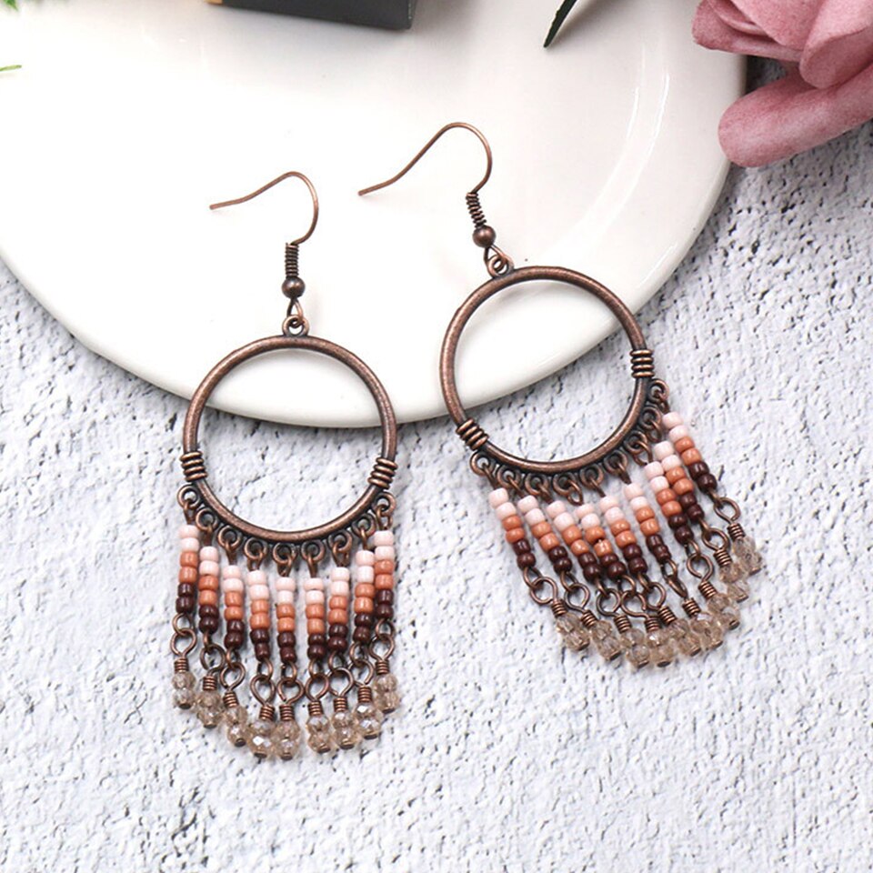 Vintage Round India Boho Ethnic Beads Dangle Tassel Earrings for Women Female Hanging Earrings Jewelry Accessories