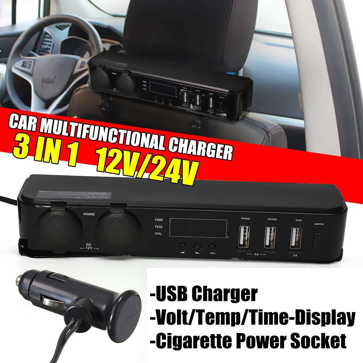 12V Car Cigarette Lighter Socket With LED 12V Socket USB Adapter Charger w/ Car Cigarette Light 150W 5V Charge Car Accessries