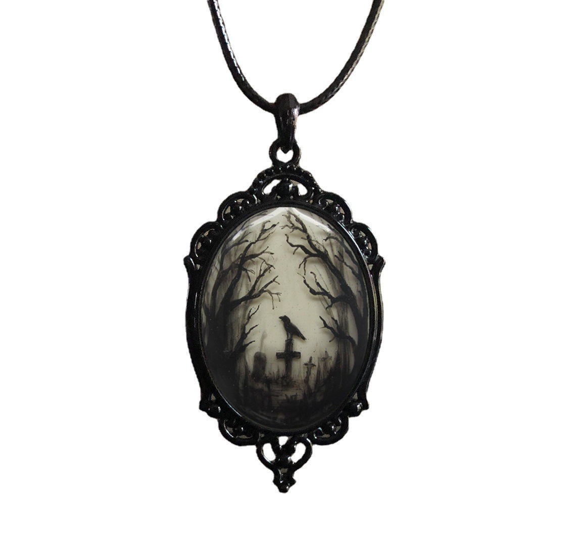 Gothic Vampire Owl Cameo Necklace Women Men Pagan Witch Jewelry Accessories Blood Owl Glass Charm Rope Chain Choker