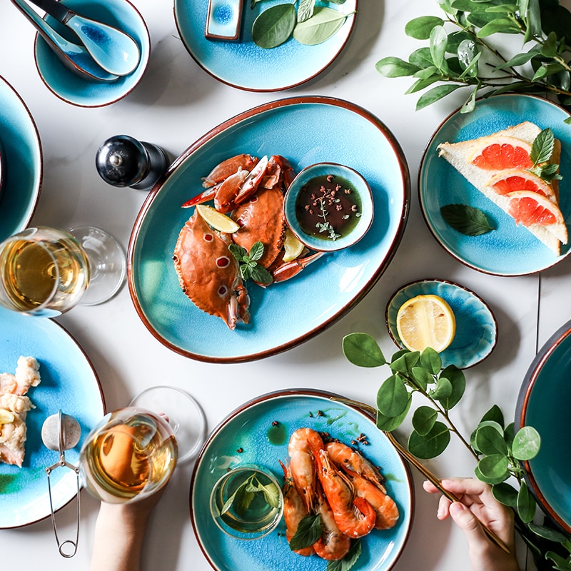 Is krakning glasur keramisk service husholdningsretter ris skåle dampede fisk fade porcelæn blå middagsplader