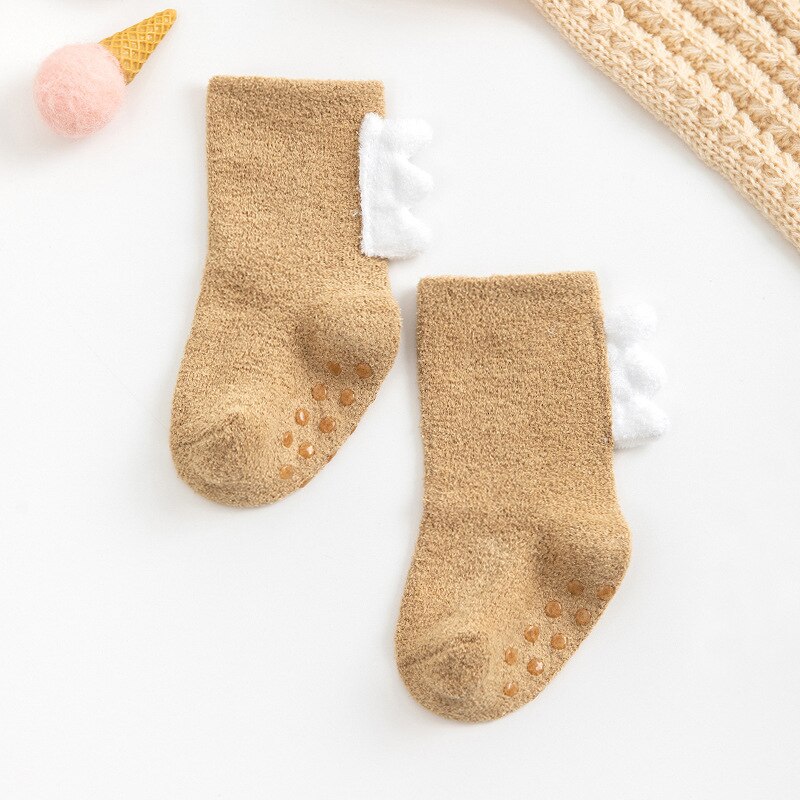 Winter Warm Coral Fleece Baby Socks Soft Thicken Terry Toddler Socks Cute Cartoon Dinosaur Infant Non-slip Floor Sock Boys Girls: Khaki / M 1-3years old