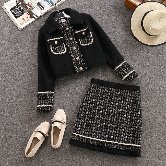 Elegant Knitted Matching Long Office Two Piece Set main image 1