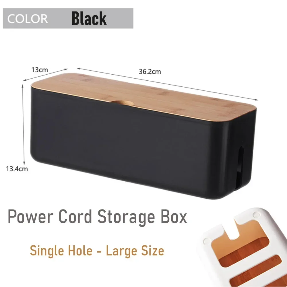 Caja de gestión de cables, caja de almacenamiento de tablero de conexiones de cables con cubierta de bambú, ocultar cables y regletas eléctricas, caja organizadora de cables para computadora de escritorio: Negro