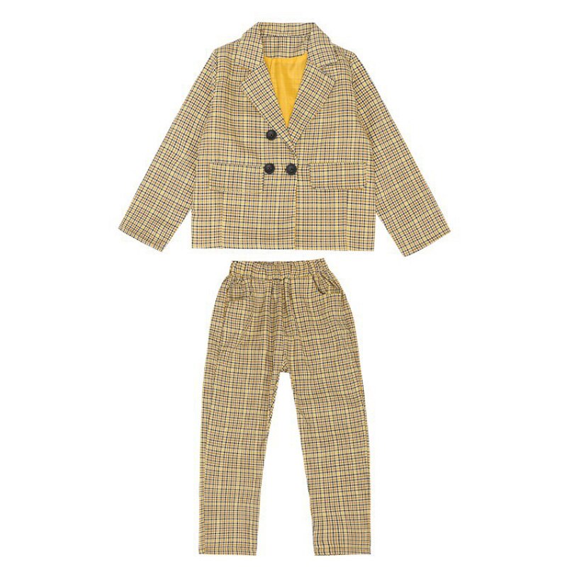 Girls' Plaid Double Breasted Suits Sets Children's Plaid Blazer Pants 2pcs Clothing Sets Kids Party Performance Costume