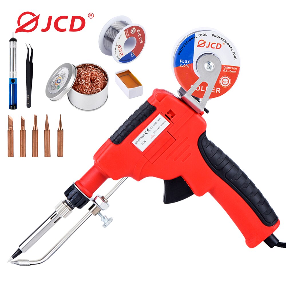 JCD 80W Soldering Gun Kit With Soldering Tips Tweezers Desoldering Pump Soldering Wires Solder Nozzle Cleaning Mesh Repair Tools: JCD-129B-17
