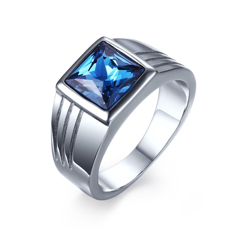 Mens Rings Stainless Steel Blue Cubic Zirconia Cut Ring Jewelry Wedding Band anel masculino bague: 10