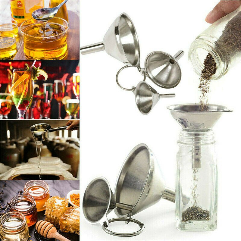 Embudo multifuncional de acero inoxidable de 3 uds, embudo de aceite, agua, especias, vino, embudo de botella, llenado de botellas de boca estrecha, utensilios de cocina para el hogar