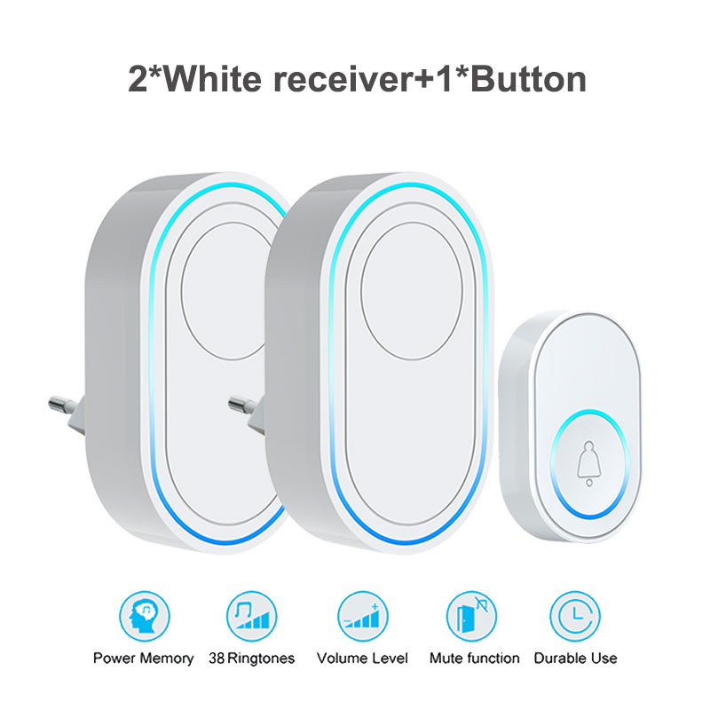Wireless Doorbell White 433MHz Smart Home Chimes DoorBells Alarm Welcome Receiver Intelligent LED Ring Bell EU UK US Plug: D-2 receiver 1button / US plug