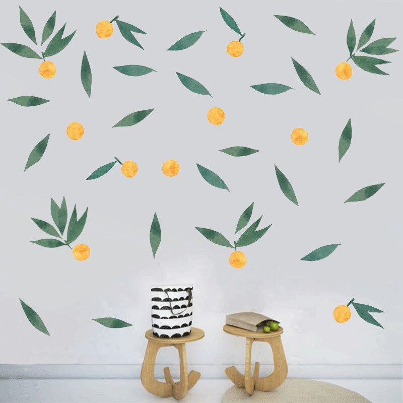 Geel Fruit Met Groen Blad Muursticker Home Decoratie Behang Voor Kid 'S Woonkamer Slaapkamer Achtergrond Decor Muurtattoo