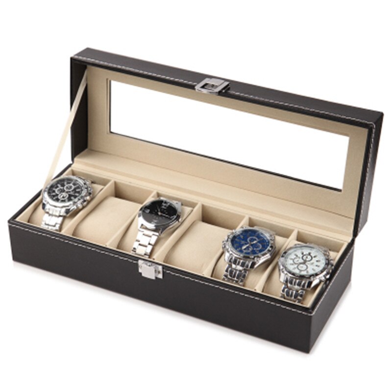 Zwart Lederen Horloge Armband Opbergdoos Transparant Glas Zichtbaar Sieraden Kistje Horloge Verpakking en Afwerking Case