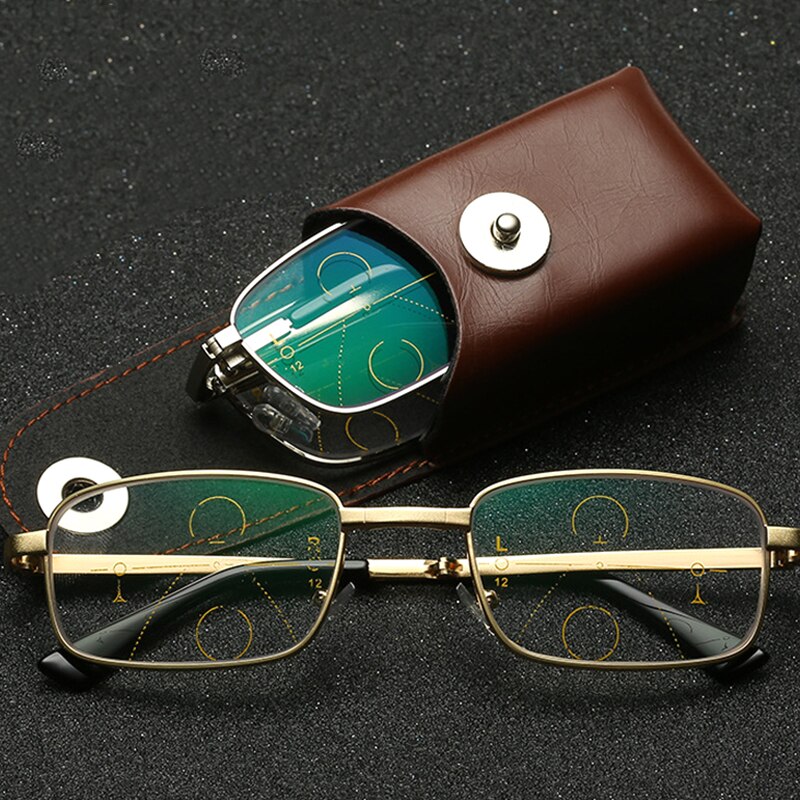 Opvouwbare Bril Draagbare Progressive Leesbril Multifocale Mens Anti-Blue Ray Verziend Brillen Met Leather Case
