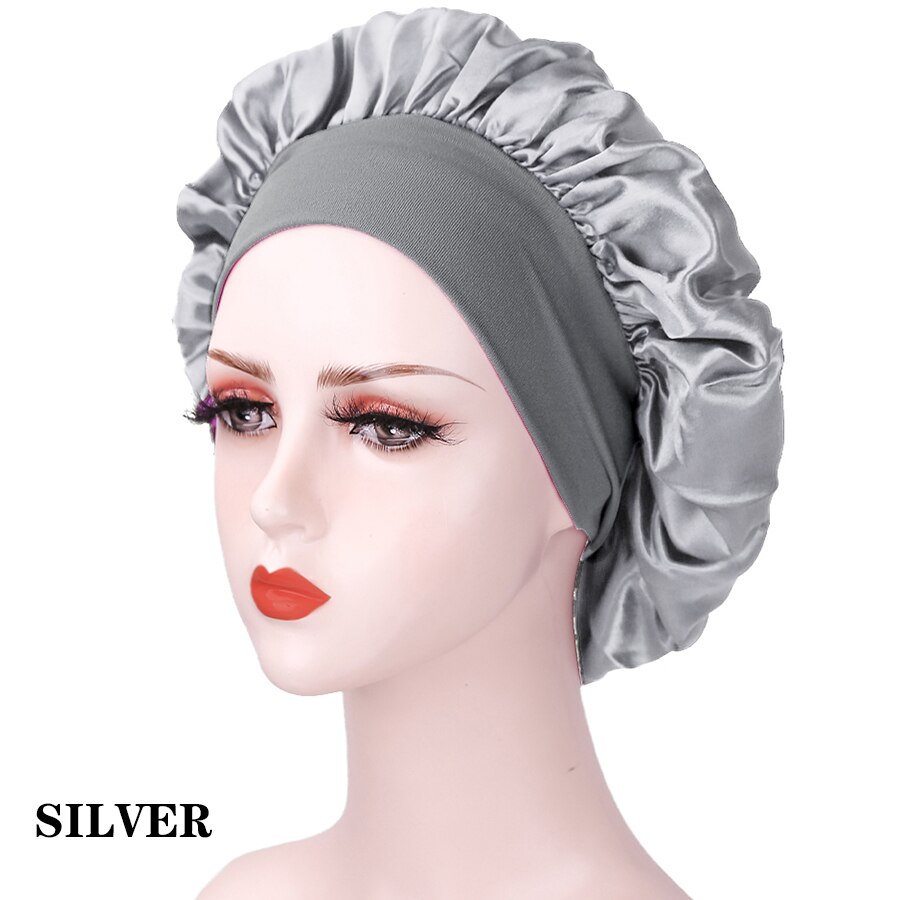 Wide Elastic Band Women Satin Night Sleep Cap Hair Bonnet Hat Silk Head Cover Women&#39;s Satin Solid Sleeping Hat Night Sleep Cap: SILVER