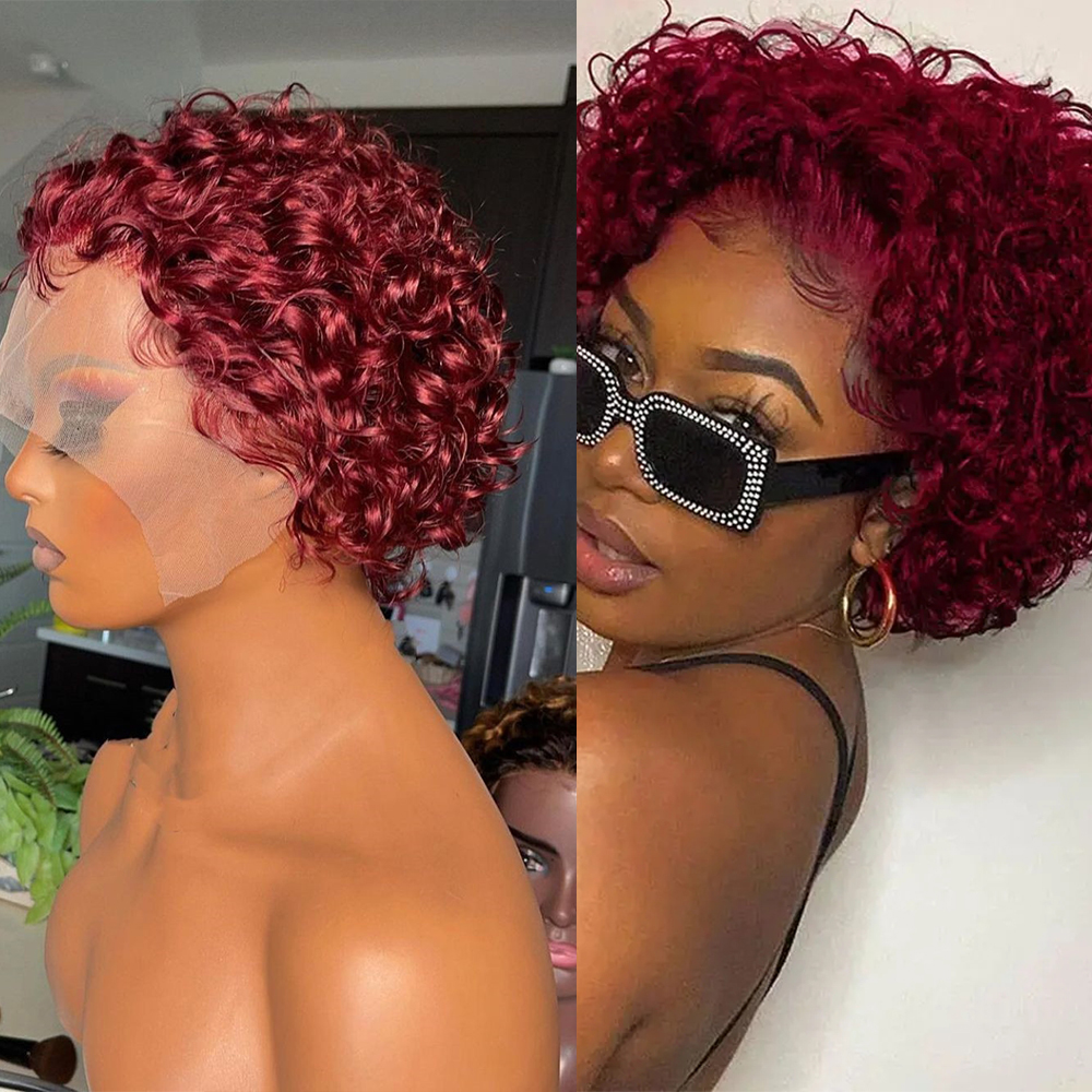 Peluca de cabello humano rizado para mujeres negras, Pelo Corto con corte Pixie, corte Bob, encaje frontal, 180 de densidad, 13x1, brasileño