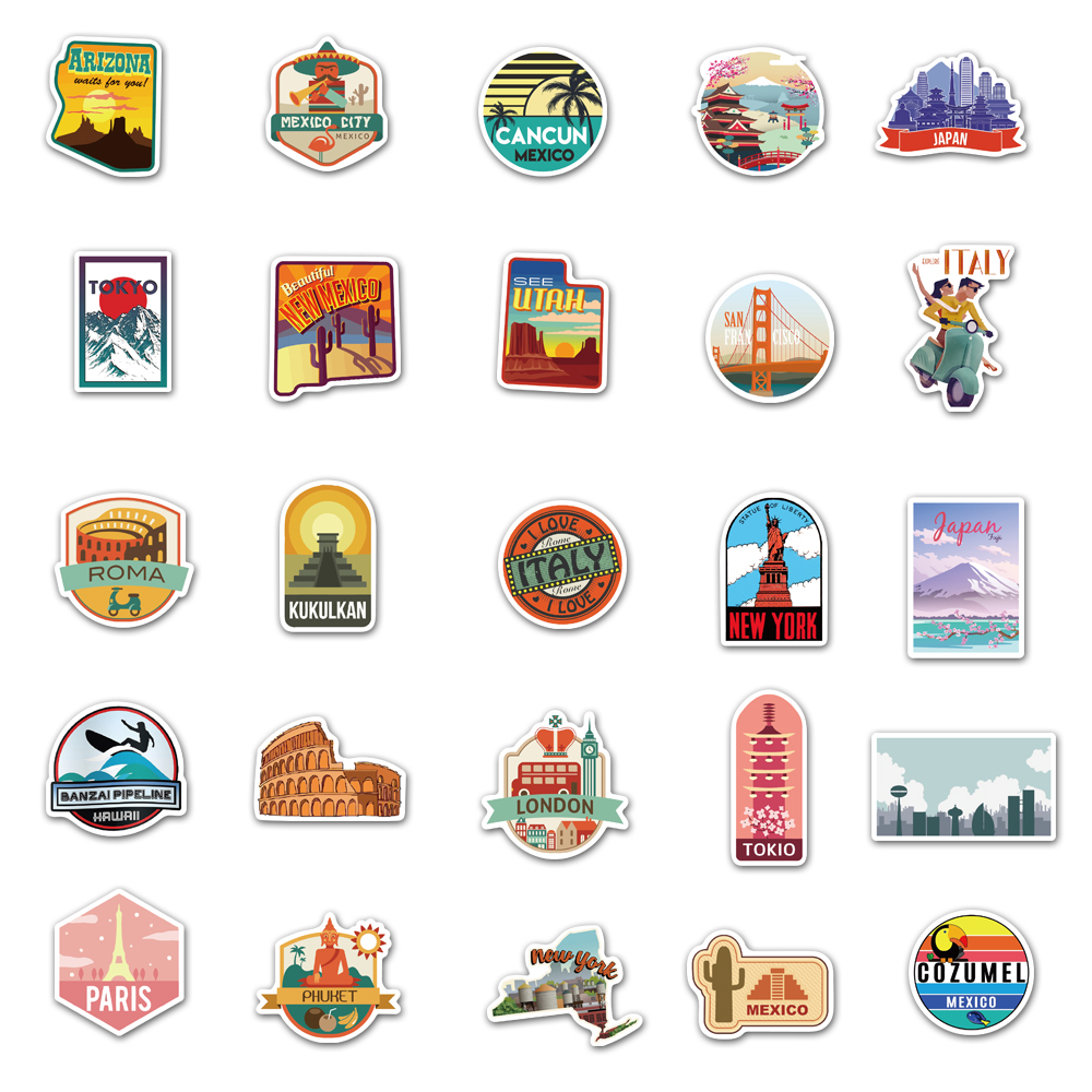 50 Stücke Weltlandschaft Land Stadt Reise Wasserdichte Aufkleber Fahrrad Telefon Auto Gepäck Laptop Motorrad Koffer Art Aufkleber