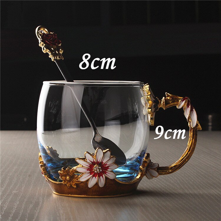 Daisy carved enamel water cup Cup color flower cup heat resistant glass: Short cup ice blue
