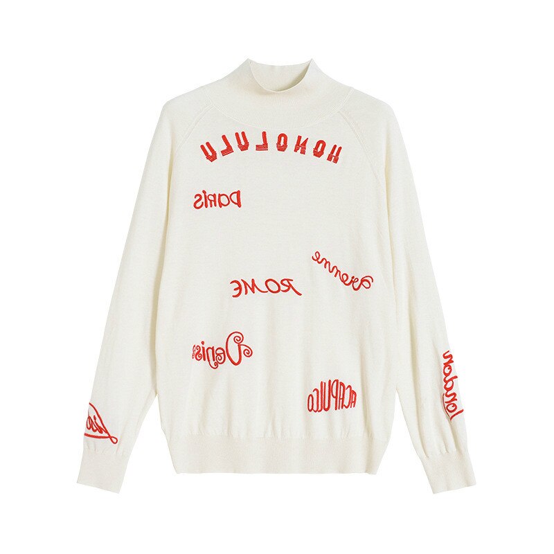 2020 outono inverno novo design na moda gola alta camisola vermelho carta bordado fino pulôver feminino versátil topo moda