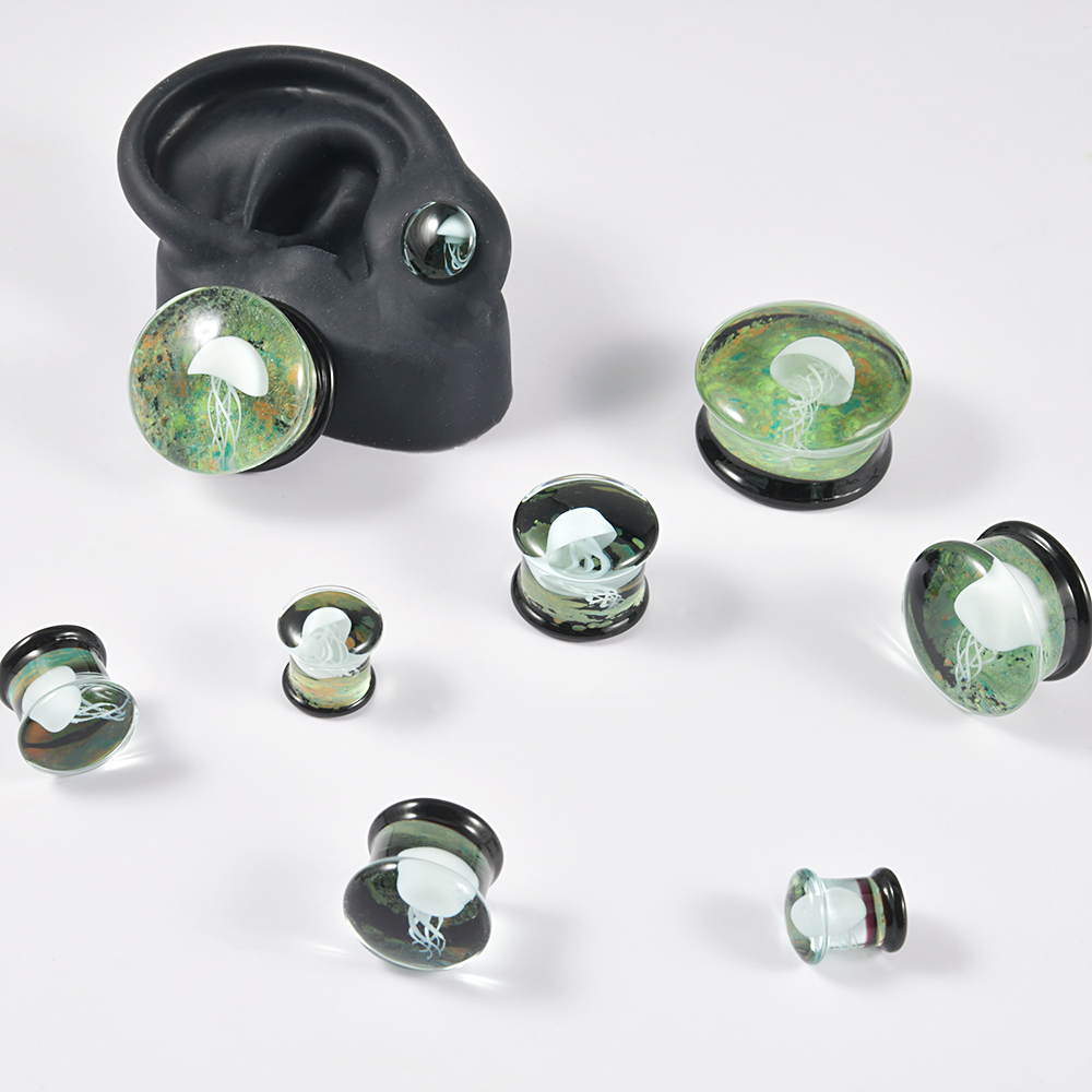 2Pcs Solid Glass Jellyfish Swirl Clear Oil Painting Vortex Ear Plugs Ear Tunnels Gauges Lobe Piercing Jewelry Women Men