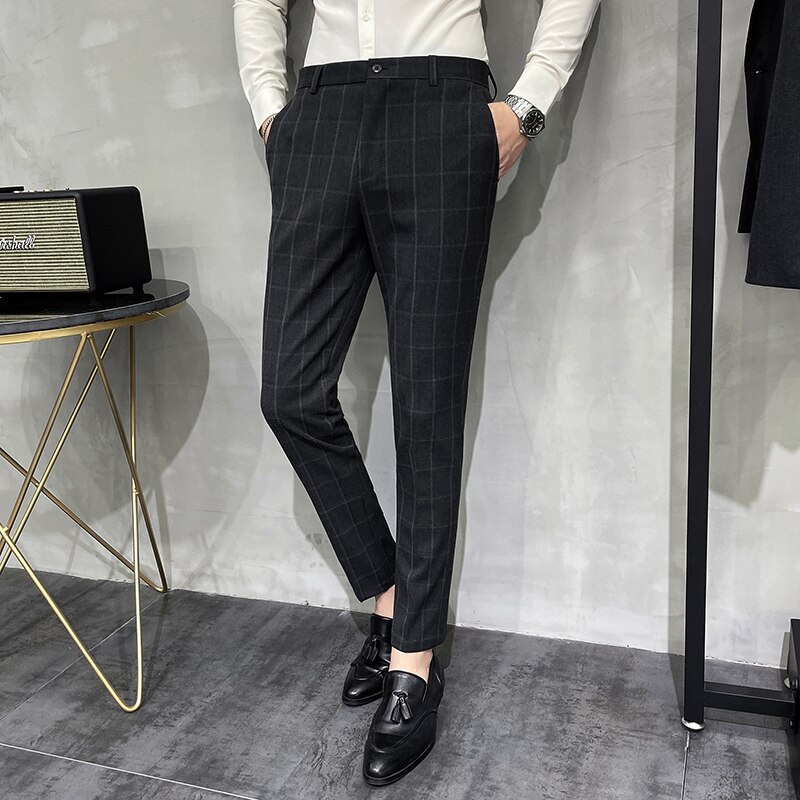 Men's Suit Pants Classic Plaid Business Formal Dress Pant Streetwear Casual Slim Wedding Groom Social Trousers
