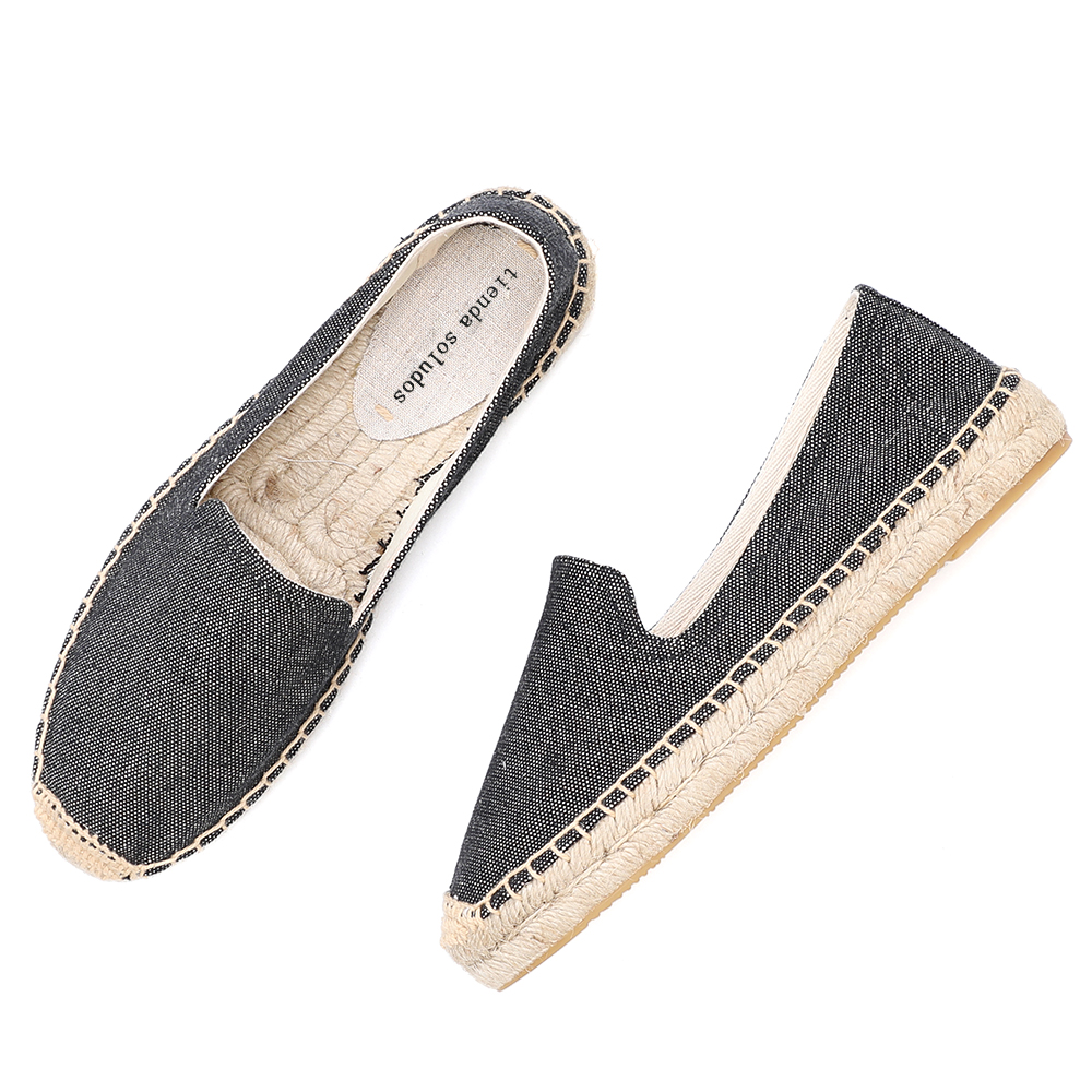 Alpargatas informales de tela vaquera para Mujer, Zapatillas de deporte de lino con dibujos animados, ,: Negro / 6