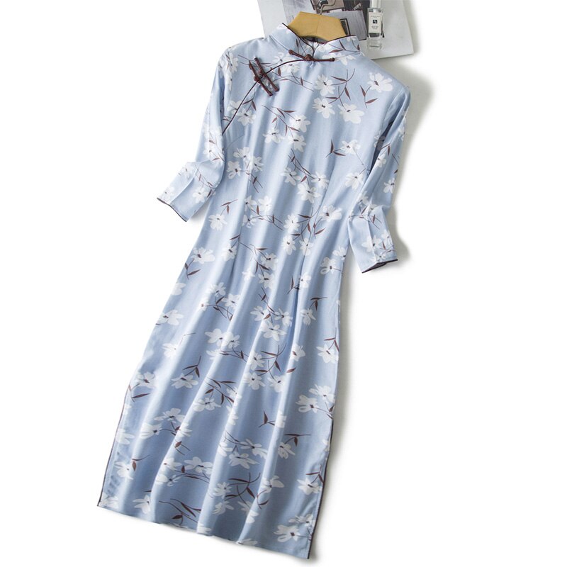 Sommer cheongsam ung pige blå hvid blomstret kjole i kinesisk stil