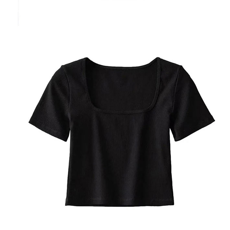 Haut court côtelé à col carré pour femme, t-shirt à manches courtes